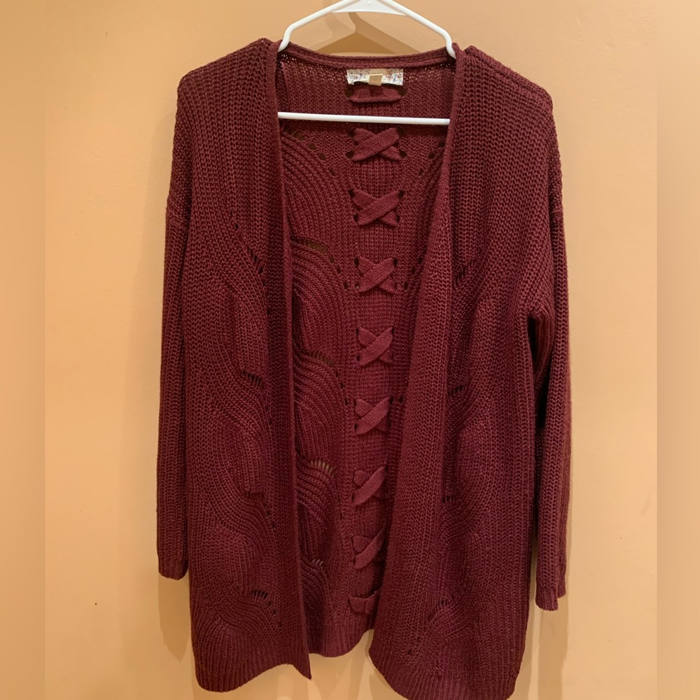 Pink Republic Long Sleeve Size Medium Cardigan with Detail Back wine color